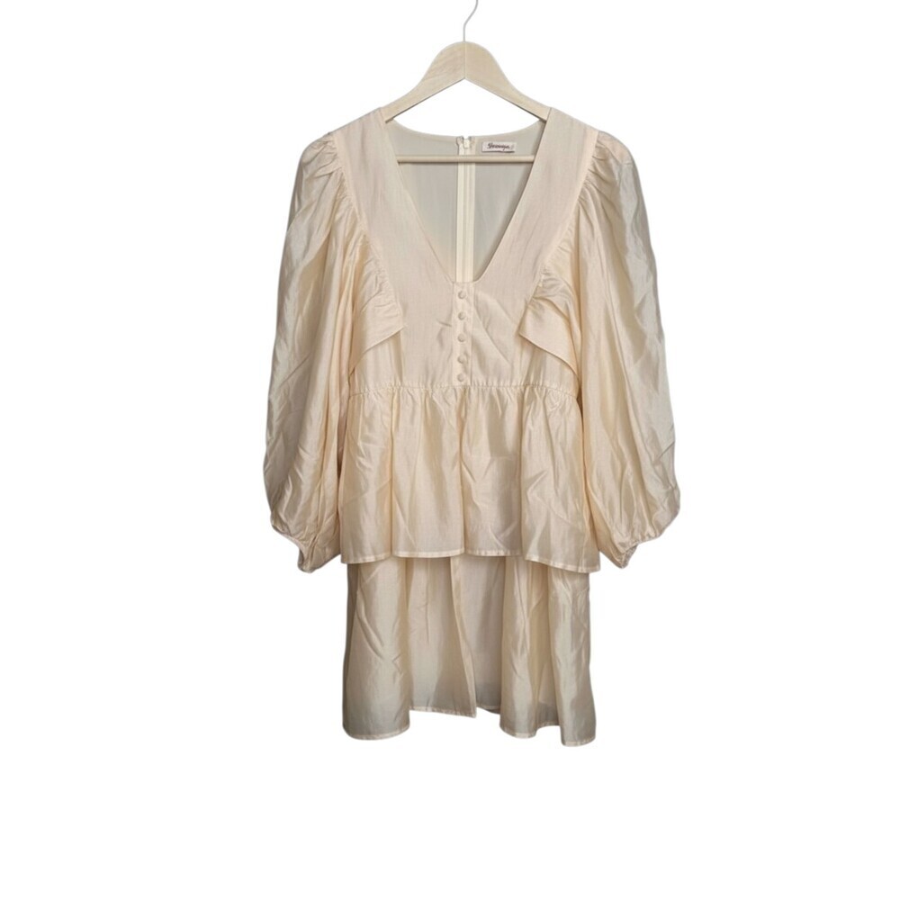 Showpo Puff Sleeve Mini Dress Women's US Size 8 Button Neckline Champagne NEW - Picture 2 of 6